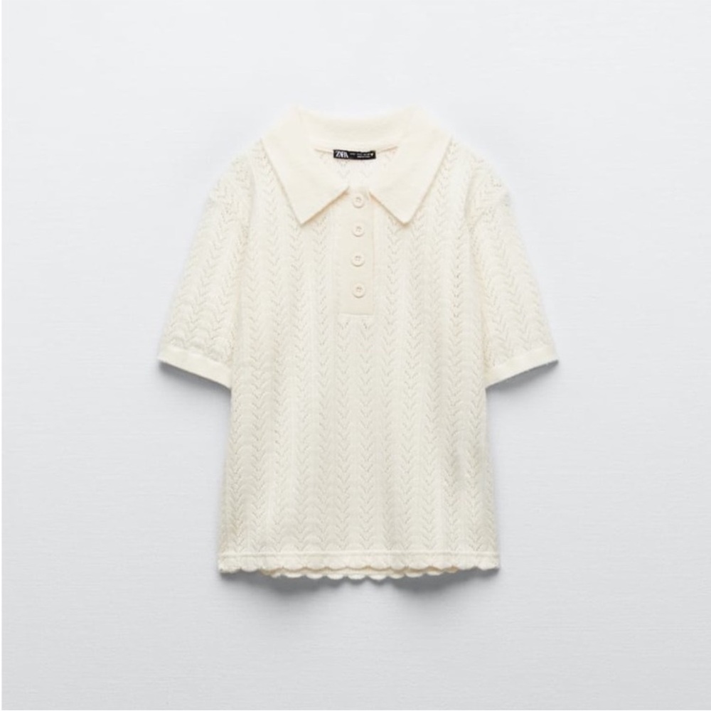 Zara Cream Knit Sweater with Polo Collar
